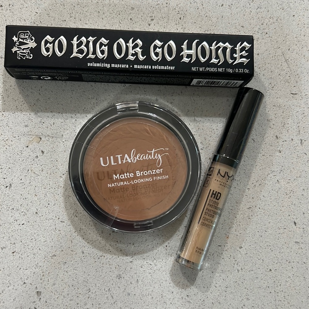 Go big or go home volumizing mascara, NYX studio concealer & ulta beauty bronzer